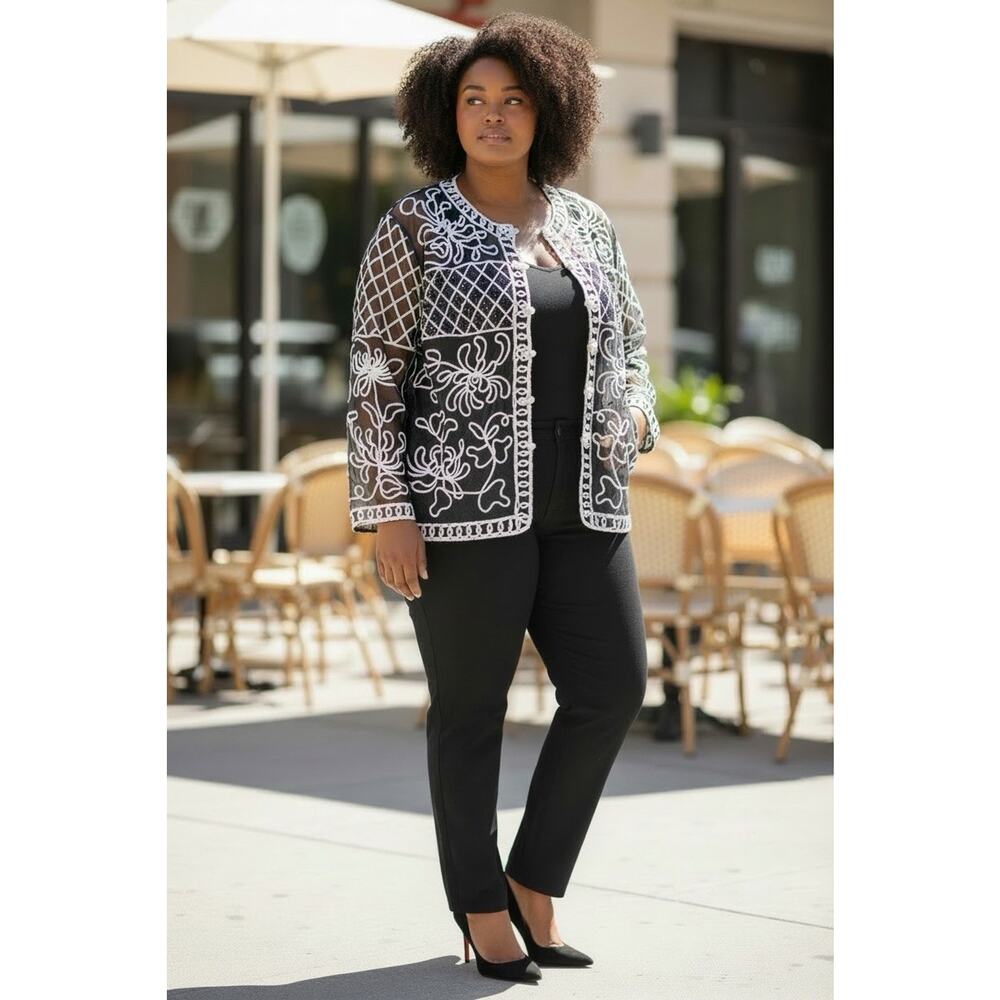 Jeannie Black & White Sheer Embroidered Jacket 2XL Polyester Statement Cardigan